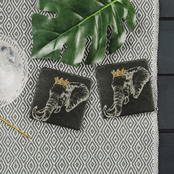 2 Gold Leaf Crowned Elephant Coasters
