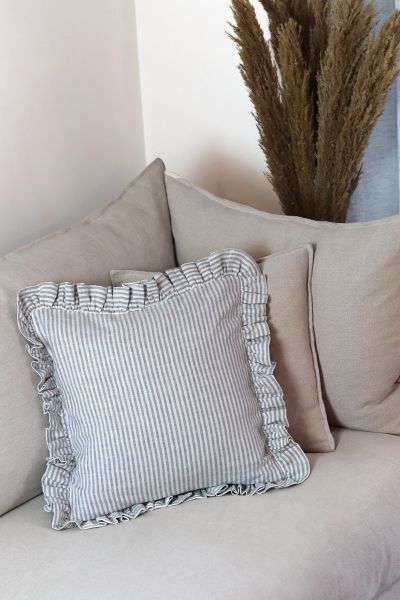 Ticking Stripe French Linen Frill Ruffle Cushion