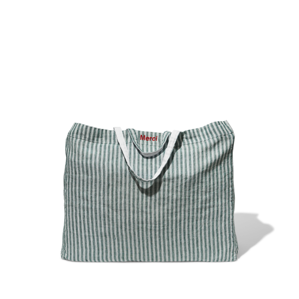 Tuscan green stripes washed linen tote bag