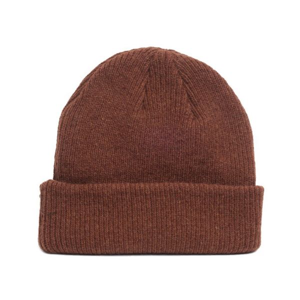 details of natural merino wool beanie hat in spicy brown