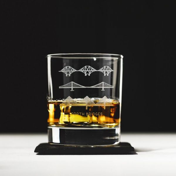 Forth Bridges Engraved Style Glass Tumbler with Slate Coaster Gift Set