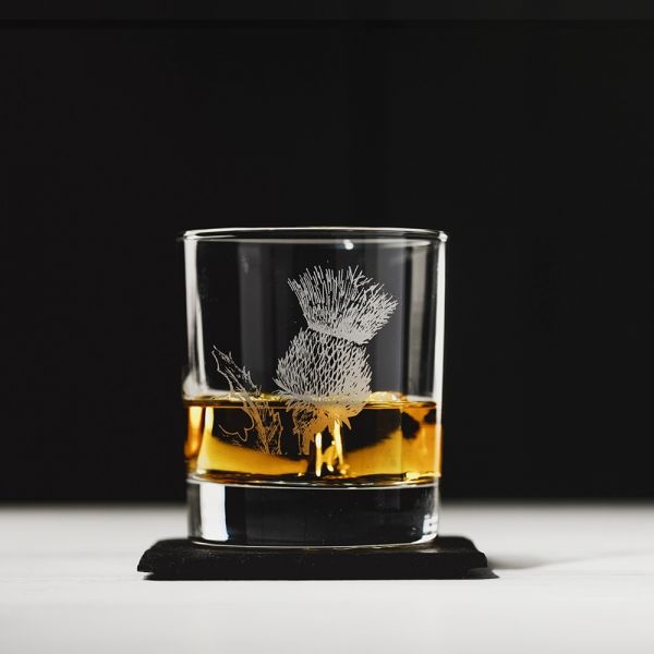 Thistle Engraved Style Glass Tumbler with Slate Coaster Gift Set