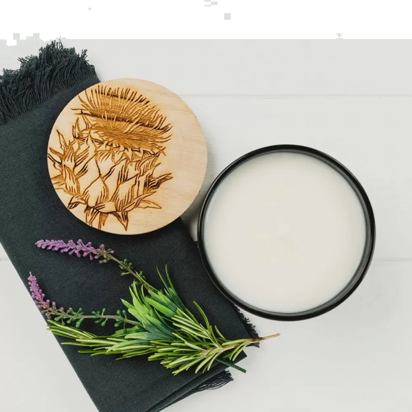 Scented Soy Candle with Thistle Engraved Wooden Lid