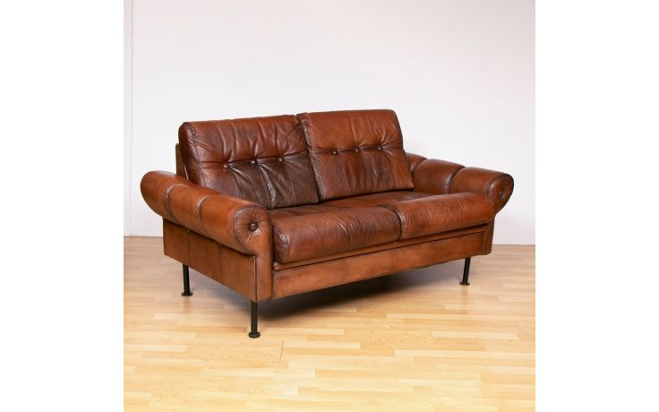 Danish Two Seater Vintage Leather Sofa, Brown Leather Two Seater Sofa Bed